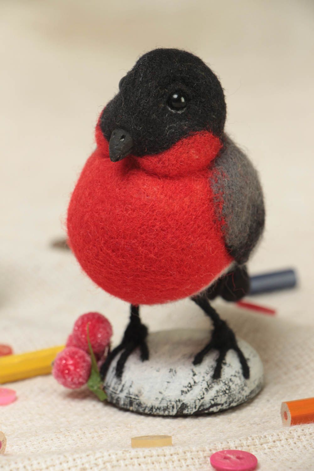 Handmade needle felted natural woolen figurine of bullfinch for table decor photo 1