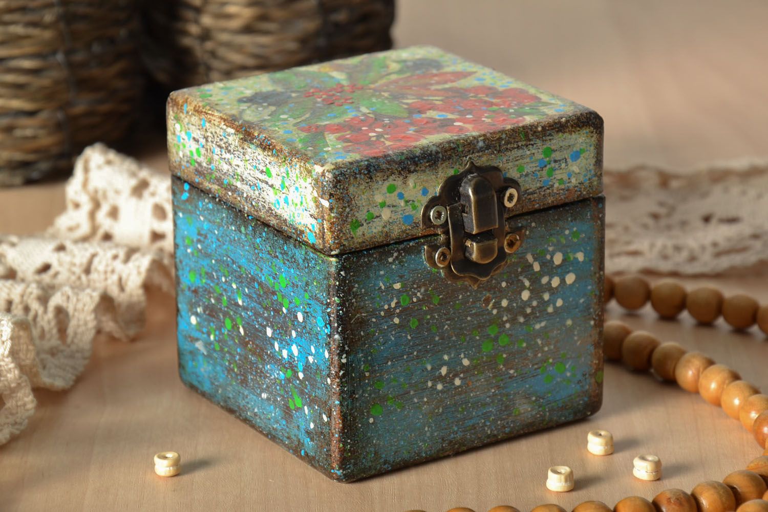 Blue jewelry box in vintage style photo 1
