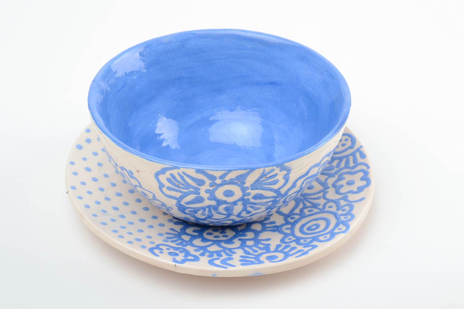 Bol en terre cuite avec soucoupe bleu-blanc originaux vaisselle faite main photo 2