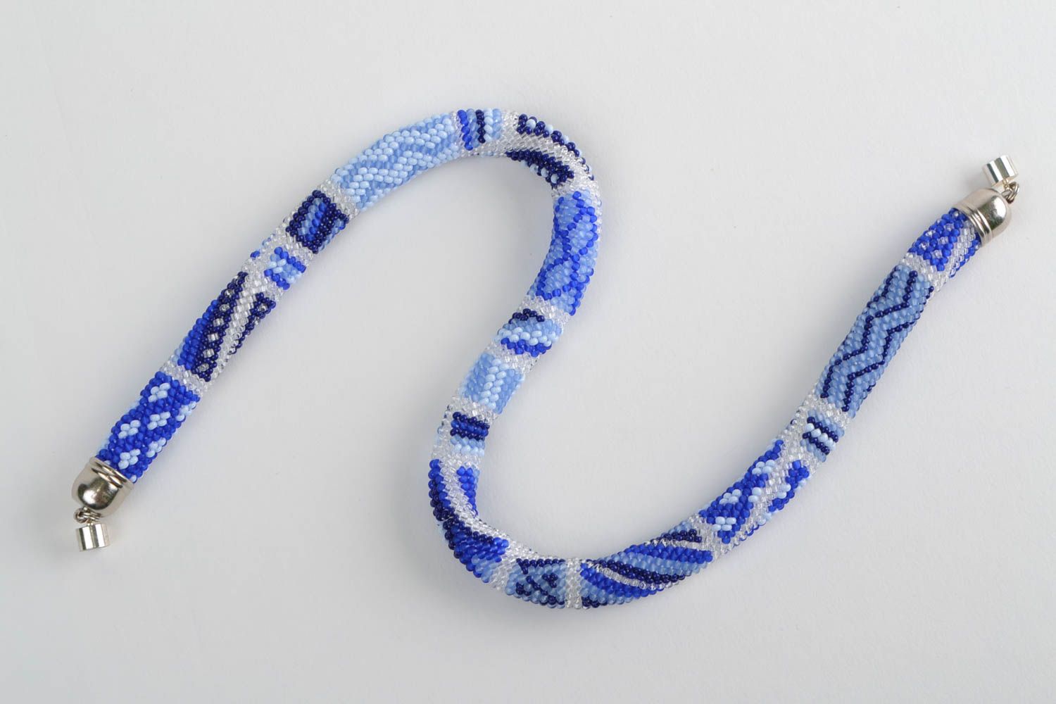 Beautiful blue handmade short beaded cord necklace designer women's jewelry photo 3