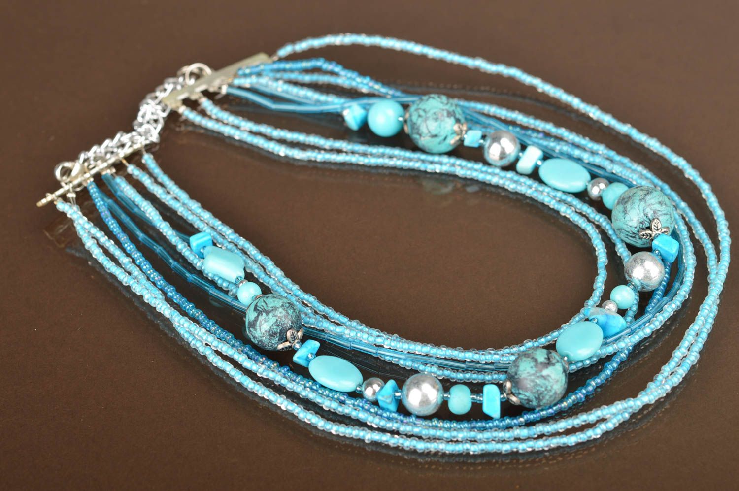Long elegant multi-row necklace with blue beads handmade summer accessory photo 2