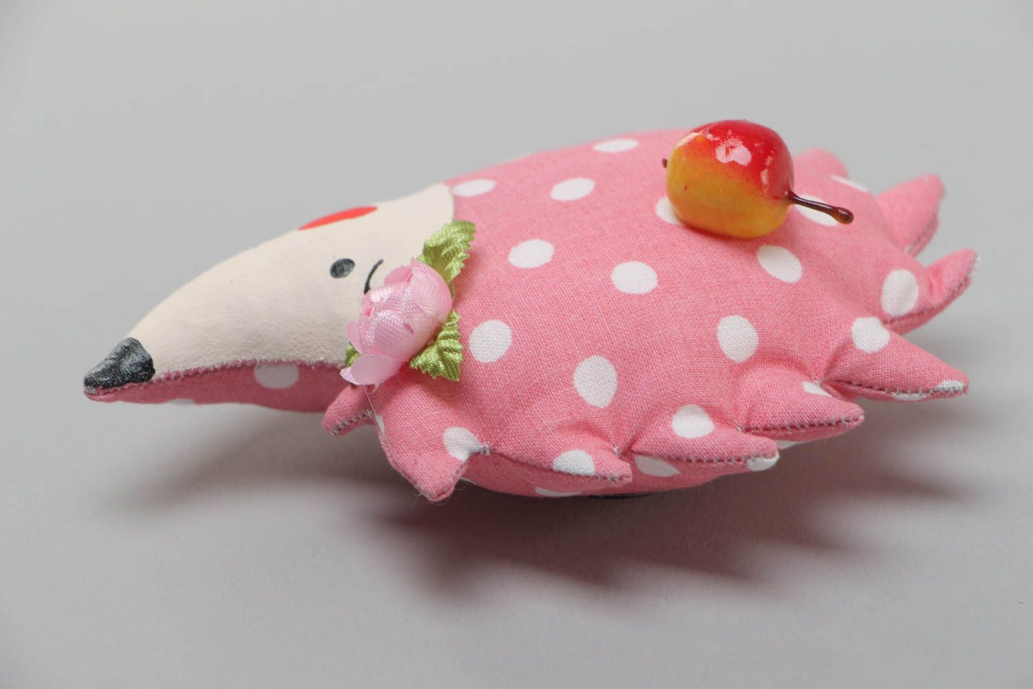 Handmade fridge magnet soft toy sewn of polka dot pink cotton fabric Hedgehog photo 3