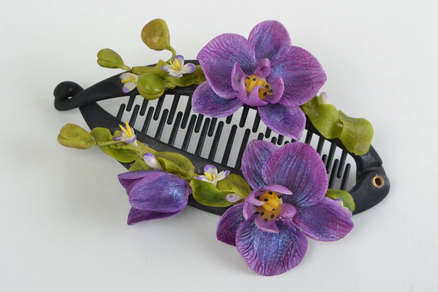 Lilac barrette made of cold porcelain with flowers handmade volume accessory photo 3