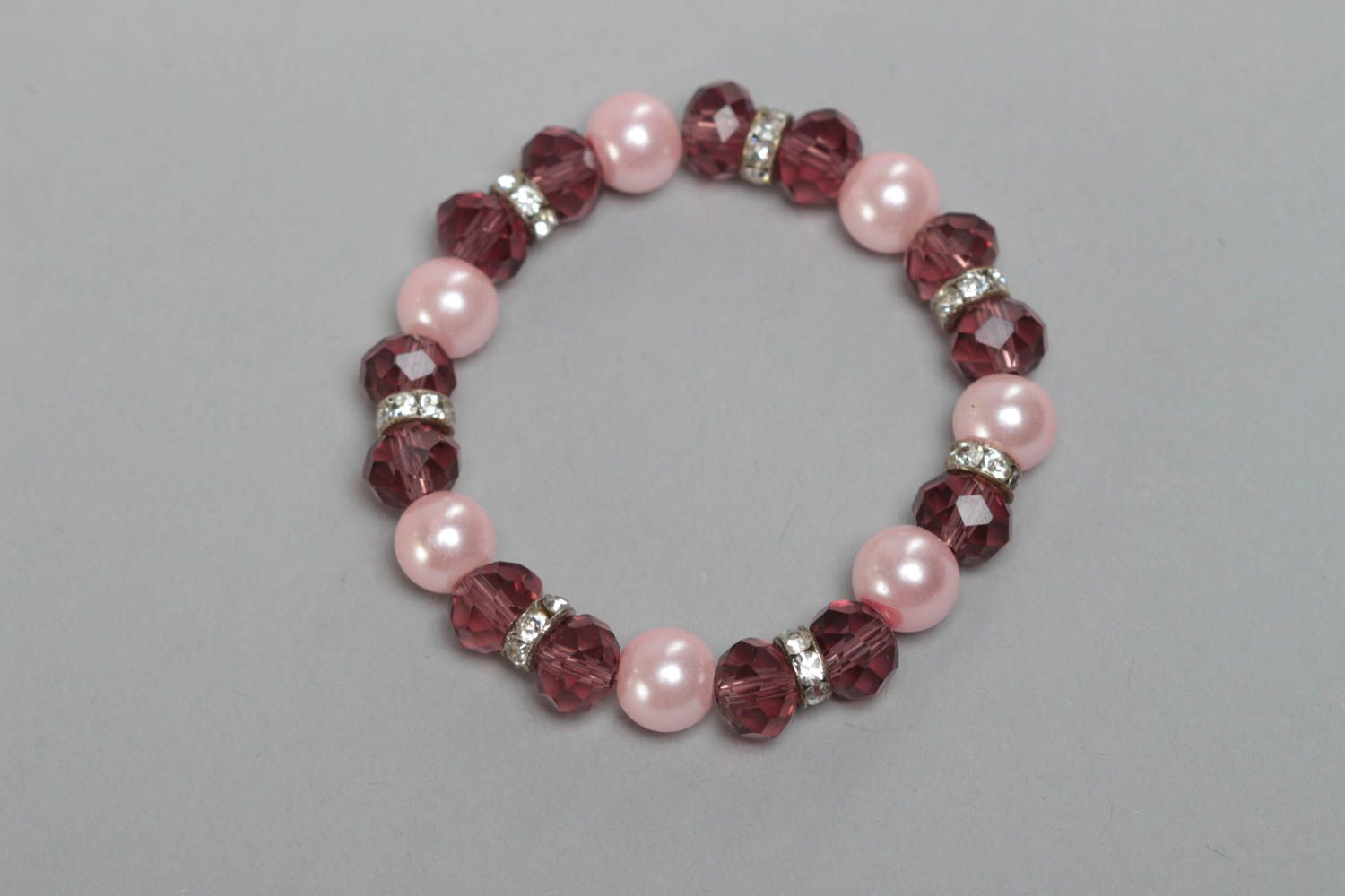 Handmade children's design pink bracelet with crystal and ceramic beads photo 2