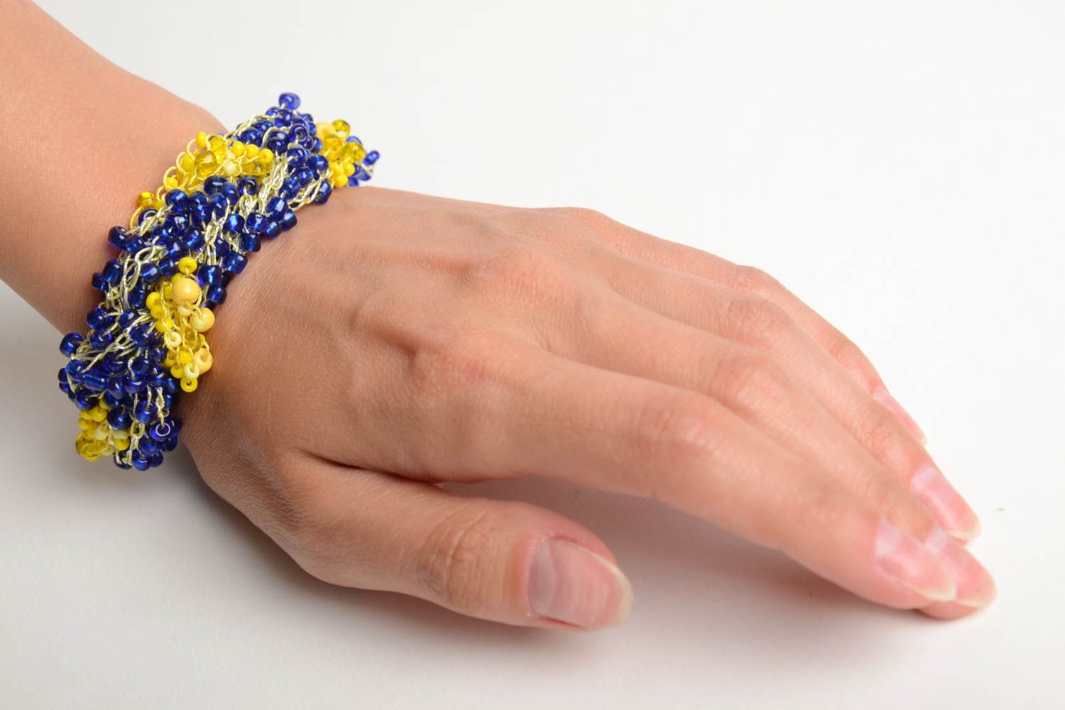 Handmade broad woven wrist bracelet crocheted of yellow and blue Czech beads photo 2