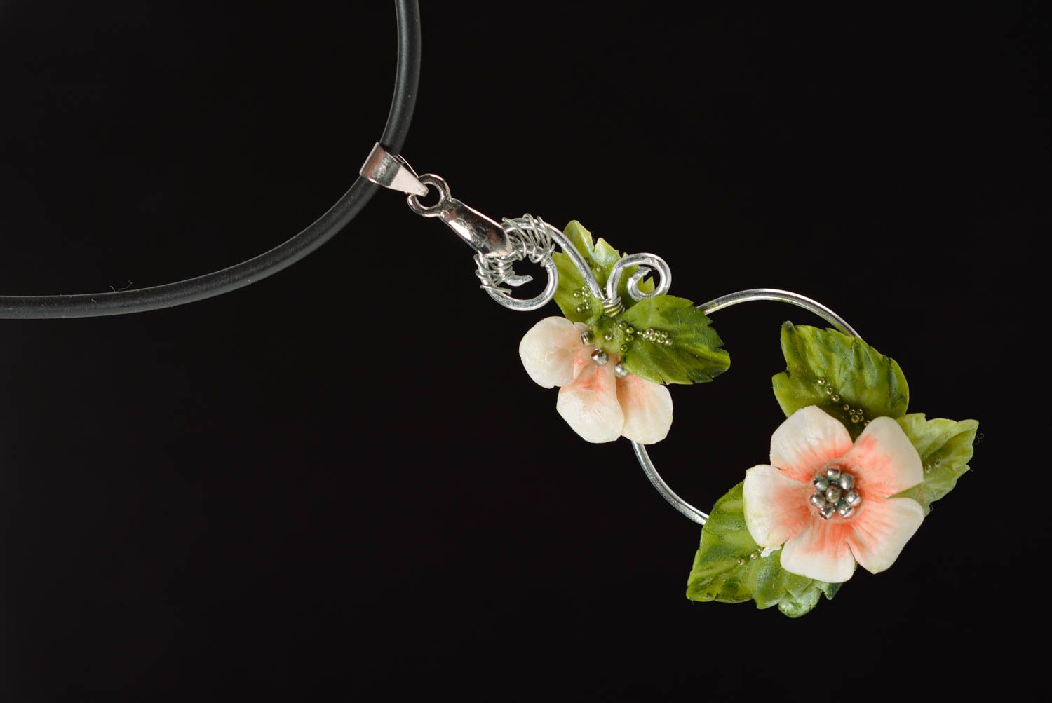 Beautiful unusual handmade designer polymer clay flower pendant on rubber cord photo 2