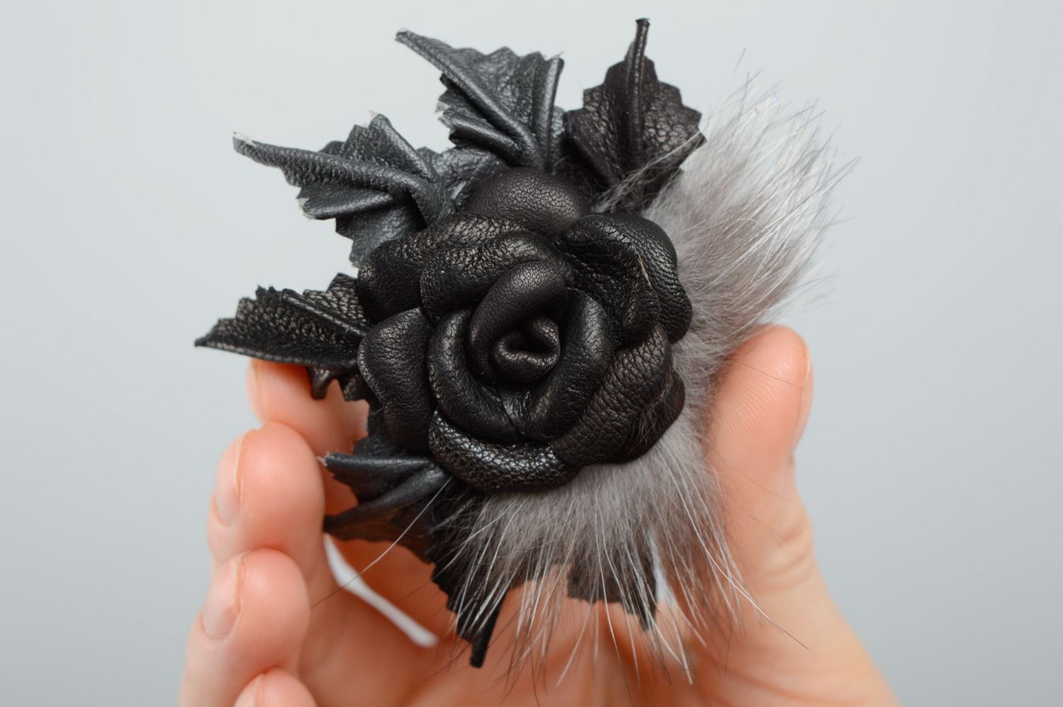 Handmade leather and fur brooch-hair clip photo 2