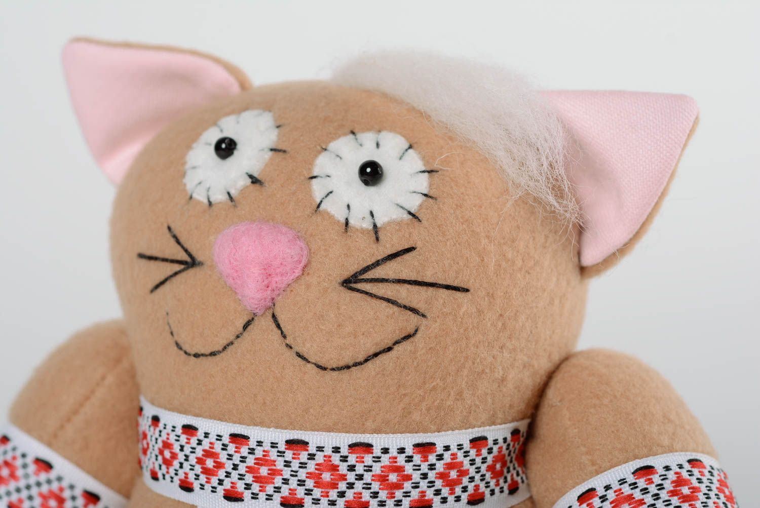 Handmade fleece fabric soft toy brown cat with ornamented braid for children photo 2