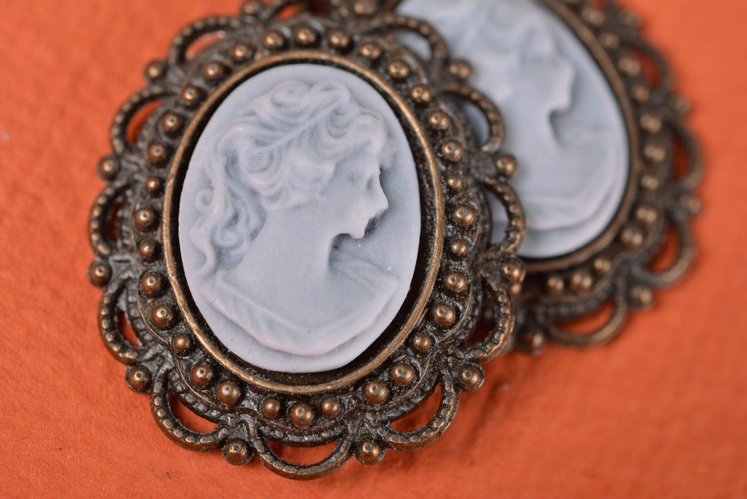 Earrings in vintage style with cameo made of polymer clay handmade jewelry photo 4