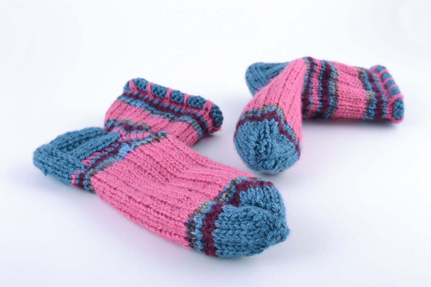 Chaussettes en laine faites main pour femme originales bleu et rose chaudes photo 5