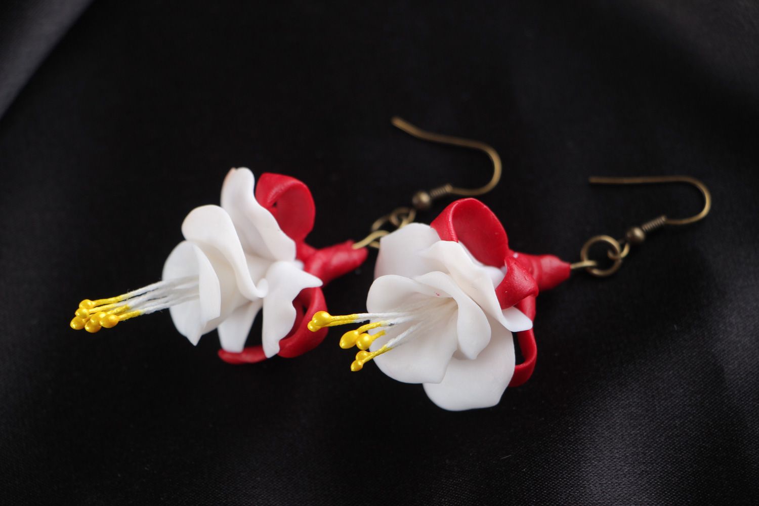 Beautiful festive handmade floral earrings molded of polymer clay for women photo 1