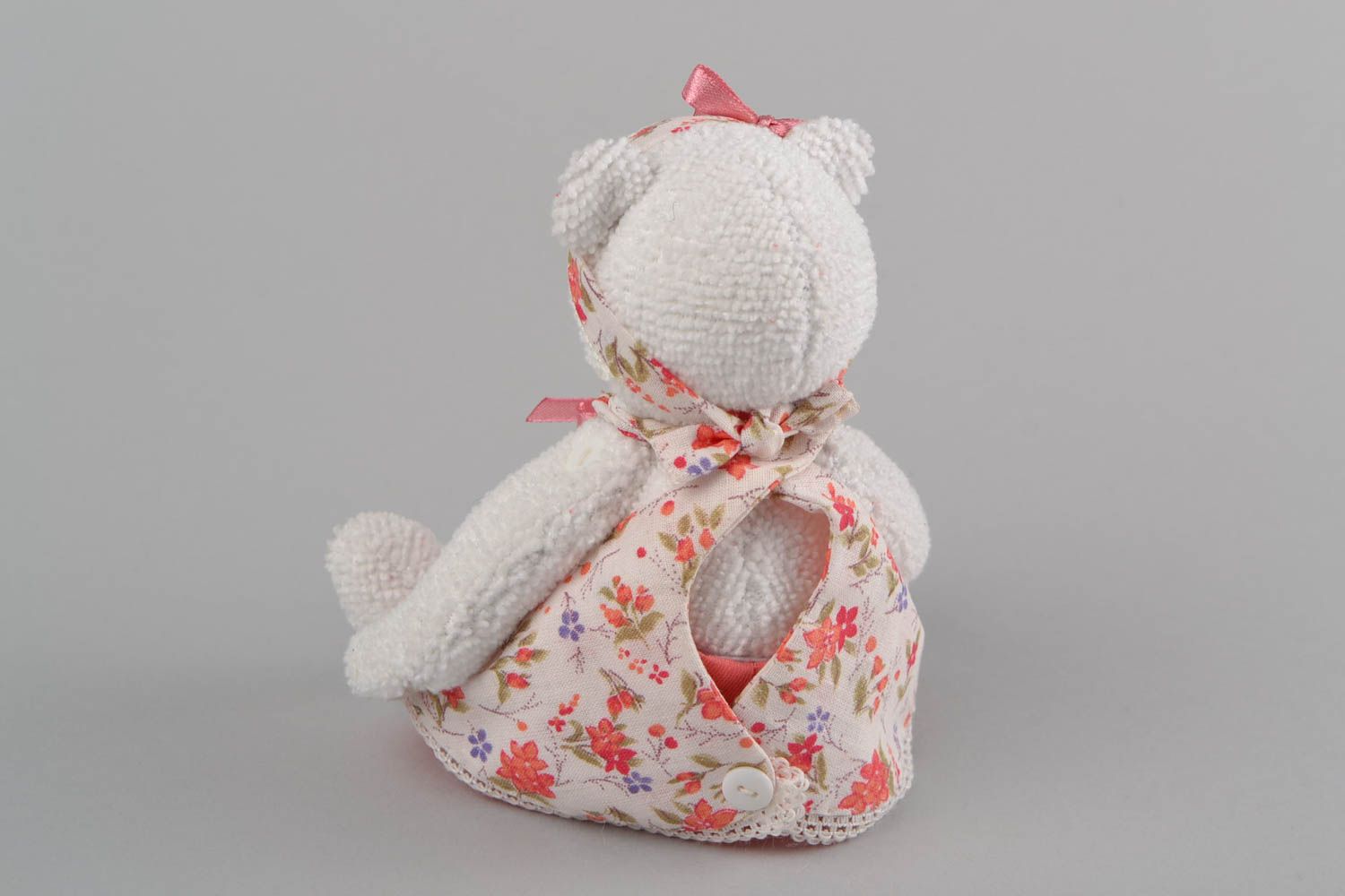 Handmade designer small fabric soft toy white bear in floral dress with headband photo 5