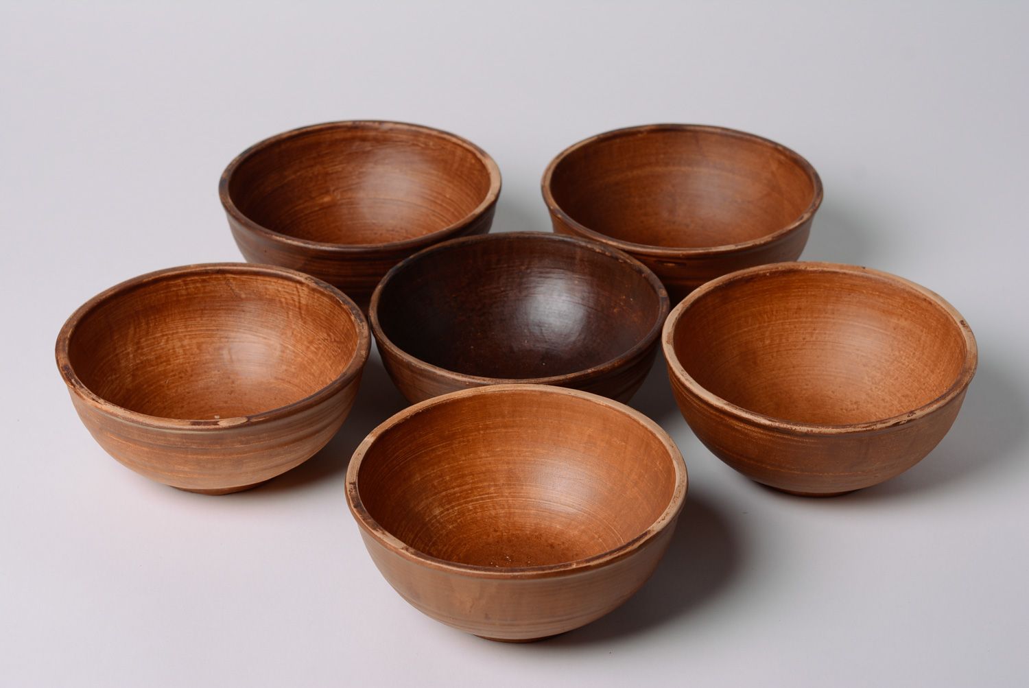 Set of deep handmade ceramic bowls of brown color 6 items in ethnic style photo 2