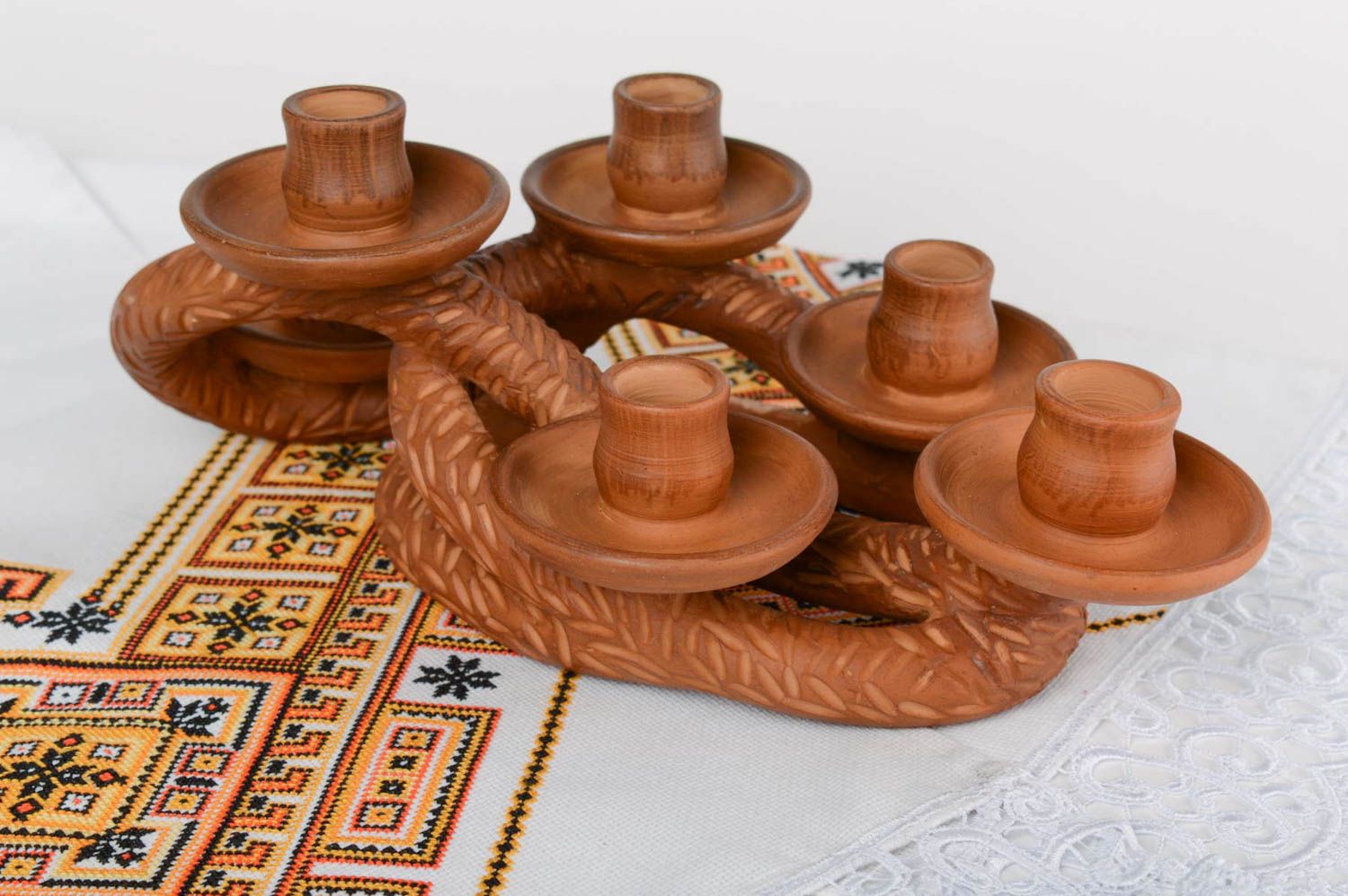 Unusual ethnic handmade terracotta clay candlestick for 6 candles photo 1