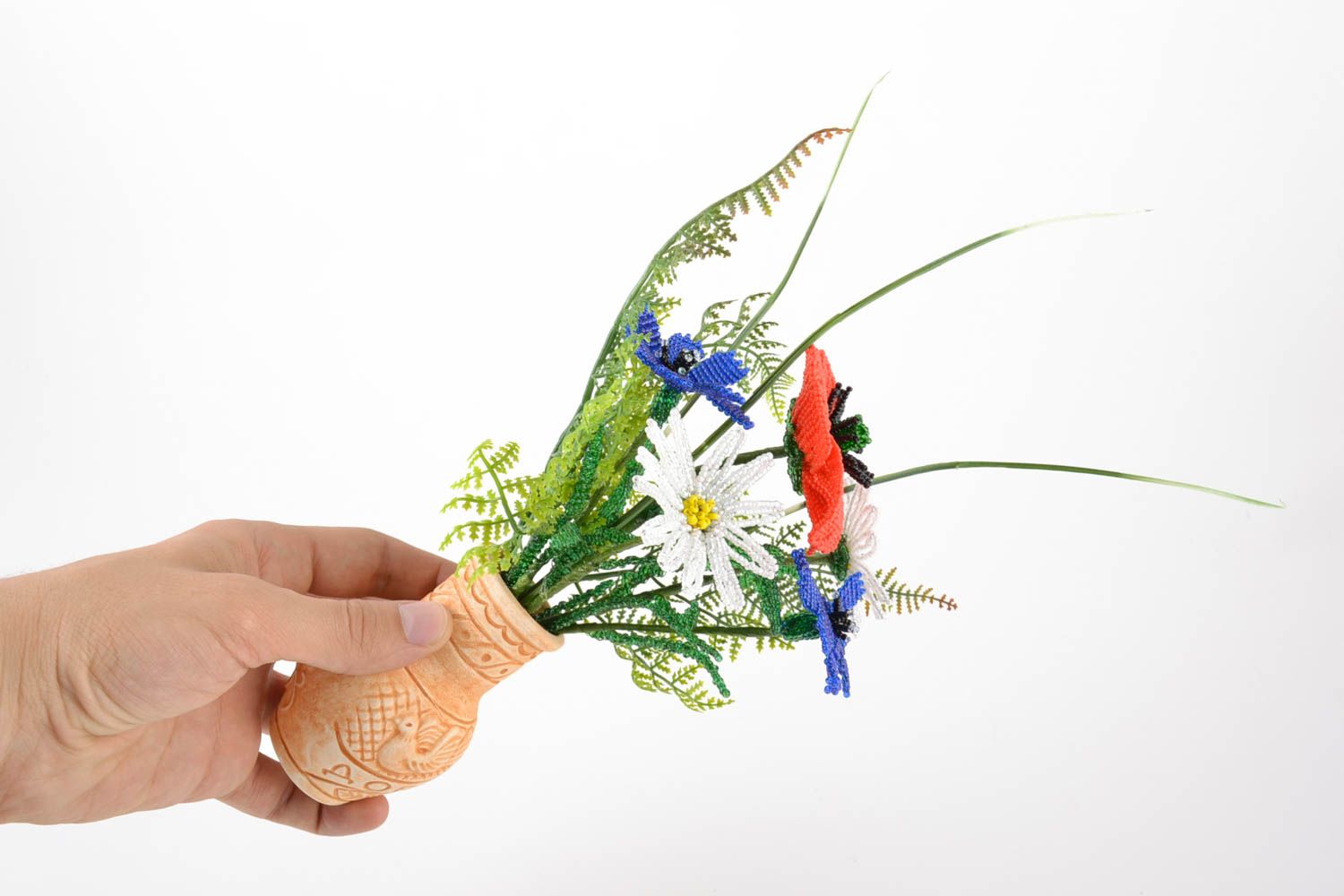 Dekorative Blumen aus Glasperlen im Topf Handmade Schmuck für Interieur Feldblumen foto 5