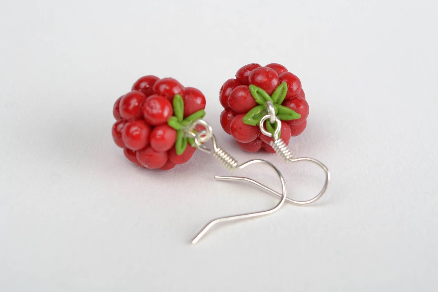 Handmade designer cute polymer clay earrings in the shape of red raspberry photo 3
