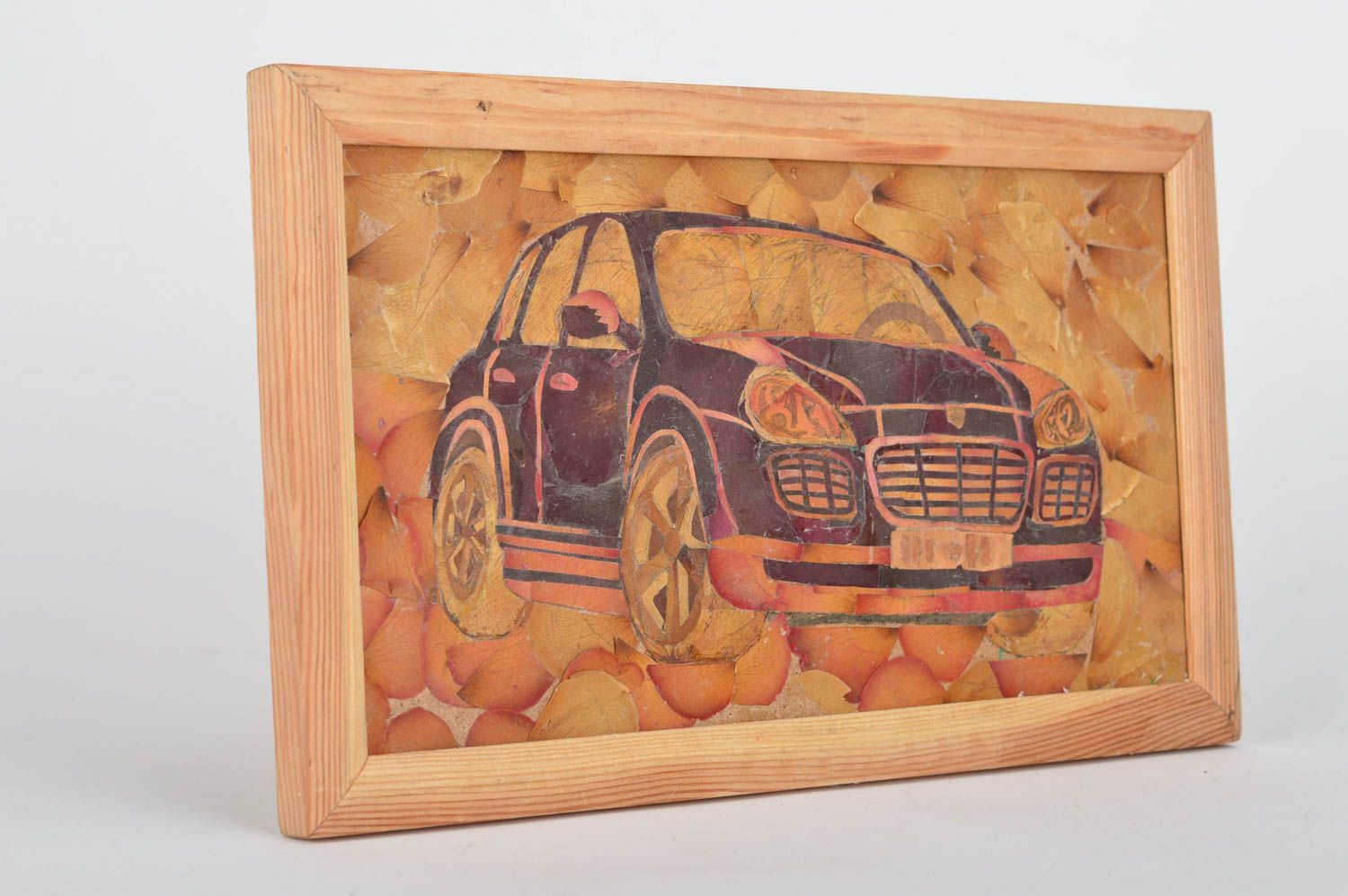Handmade wall picture with dried flowers and leaves on fabric in frame Car photo 5