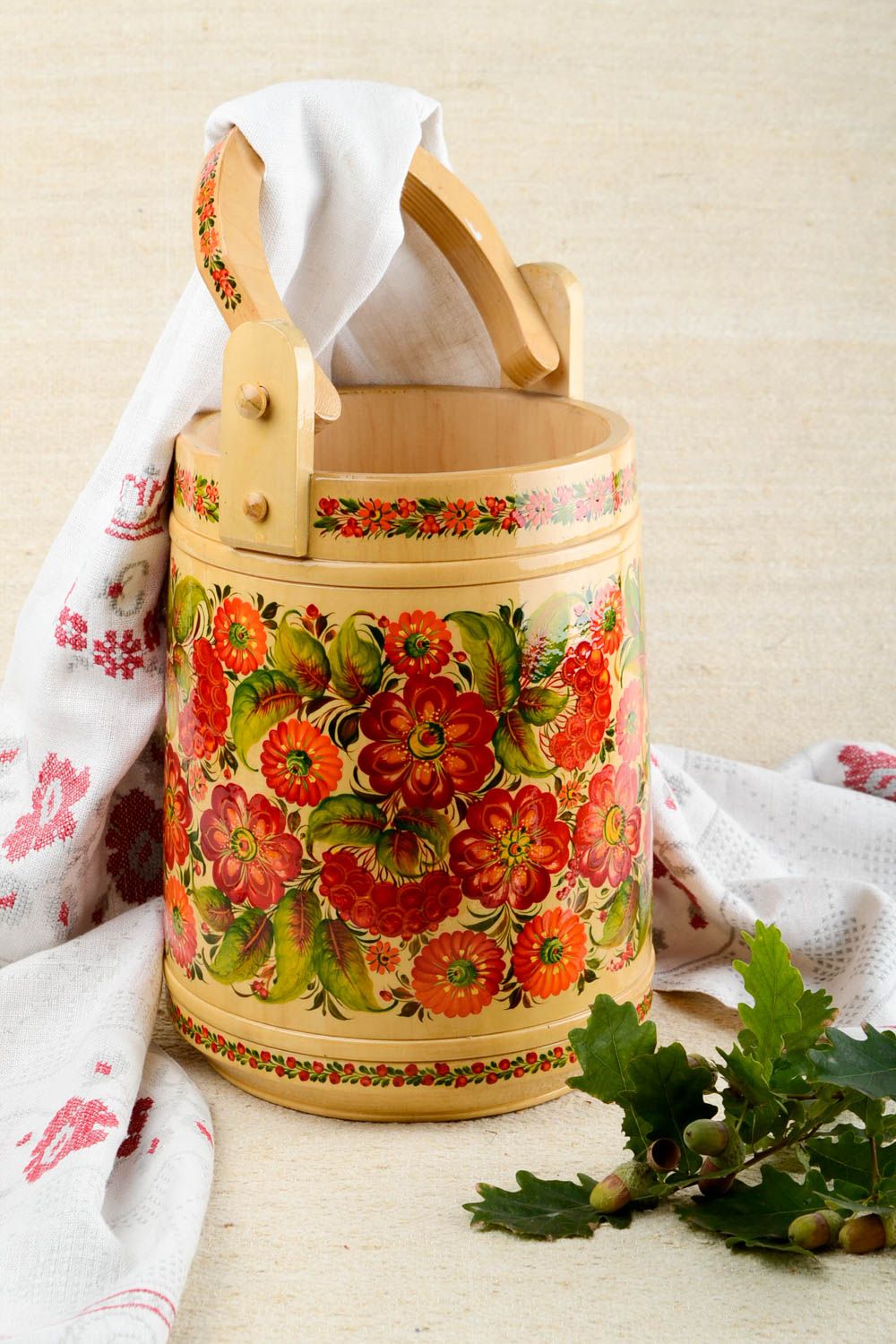 Handmade wooden bucket folk art painting sauna accessories housewarming gifts  photo 1