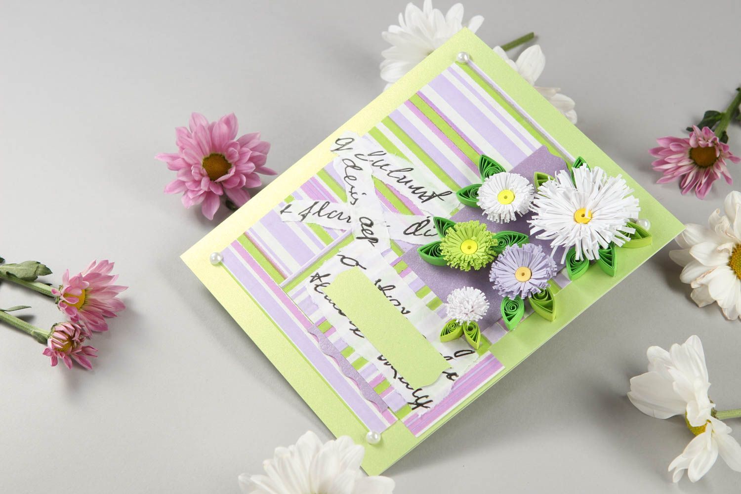 Tarjeta de felicitación verde con flores postal hecha a mano regalo original foto 1