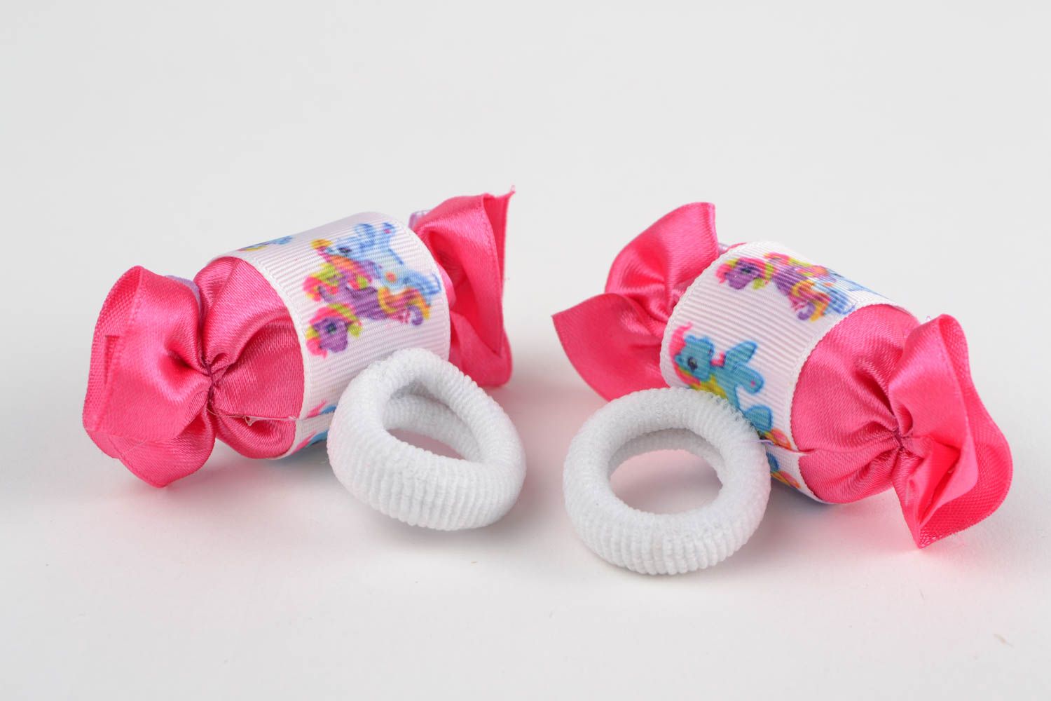 Set of bright handmade designer fabric hair ties for children 2 pieces photo 4