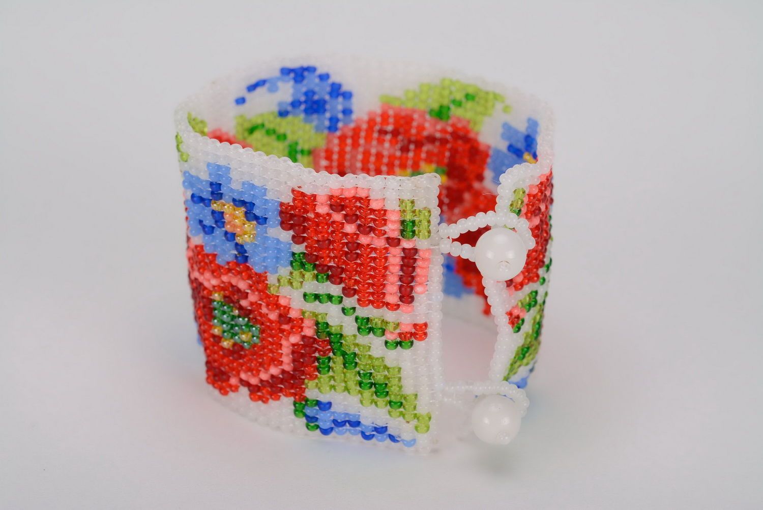 Wide floral beaded wrist bracelet with Poppies for women photo 2