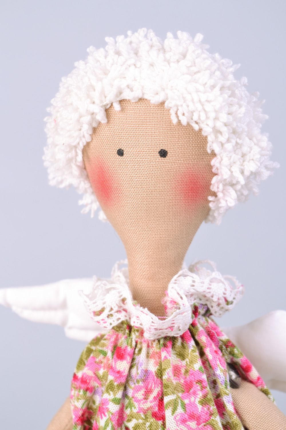 Handmade designer soft doll angel sewn of cotton with white hair and wings photo 3