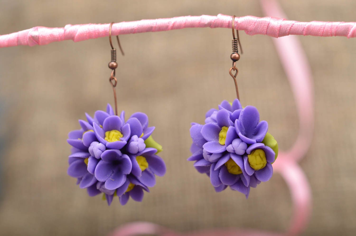 Handmade lilac and yellow beautiful flower ball earrings made of polymer clay  photo 1