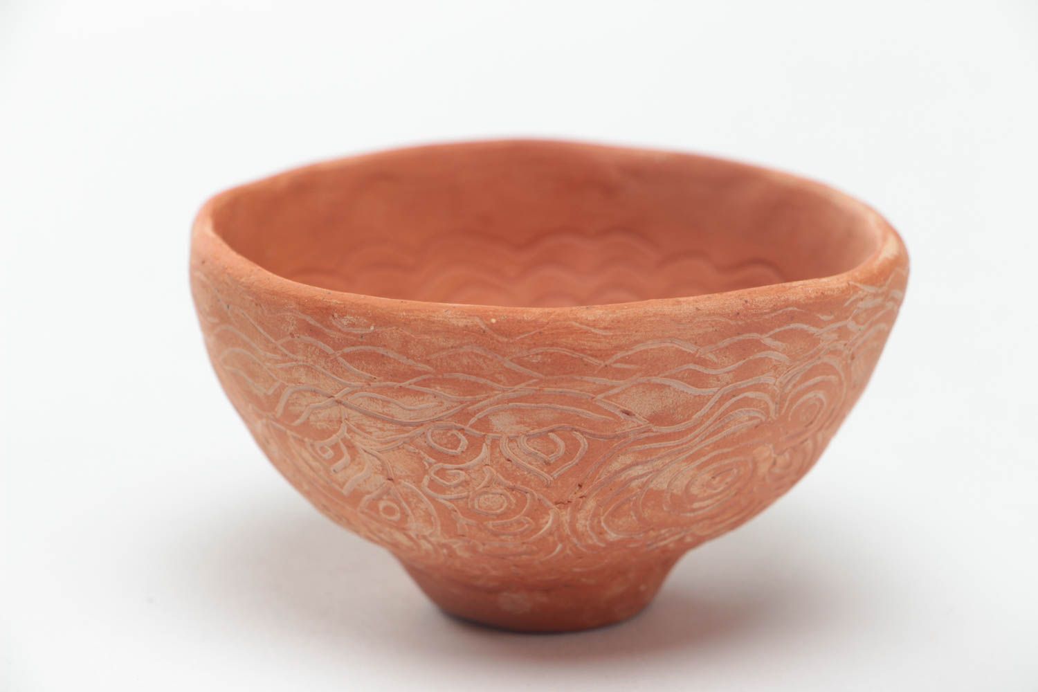 Handmade small decorative ceramic bowl decorated with scratched ornaments photo 2