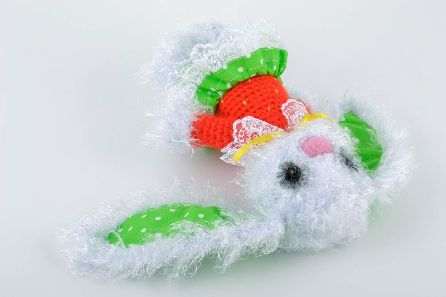 Light nice handmade soft crochet toy little hare in dress photo 4