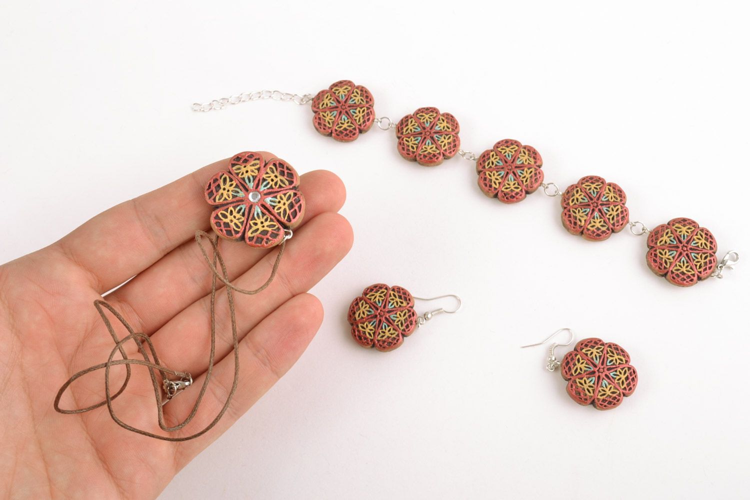 Handmade painted clay jewelry set 3 items patterned earrings bracelet and pendant photo 2