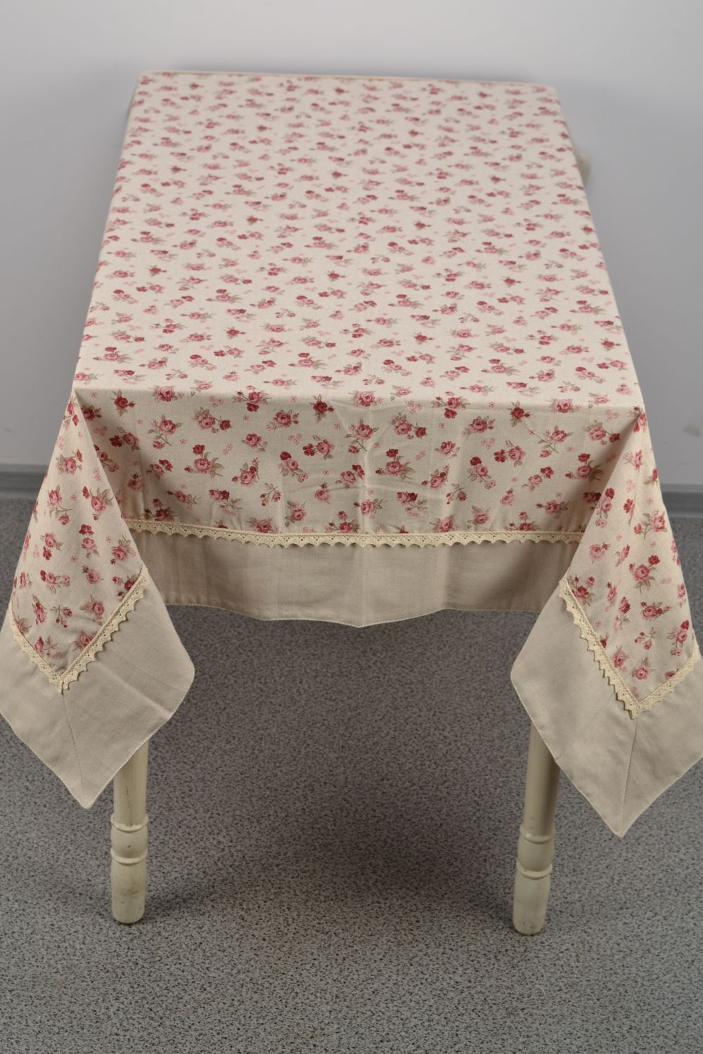 Handmade tablecloth sewn of cotton and polyamide fabric with lace photo 2