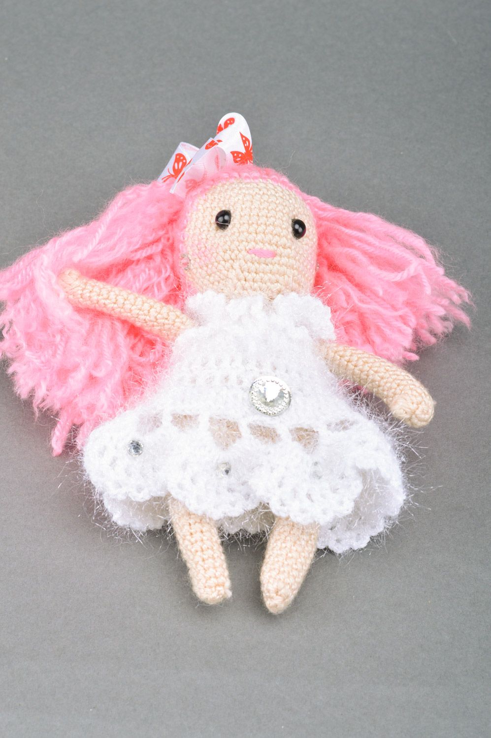 Small handmade pink crochet soft toy in the shape of girl for gift photo 2
