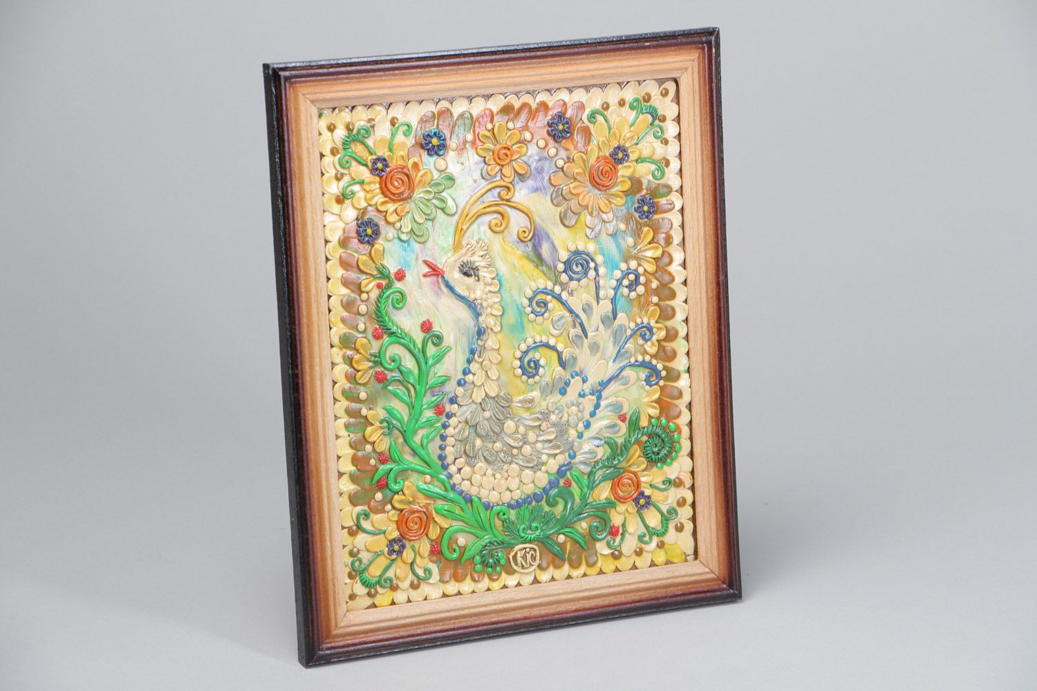 Handmade decorative wall hanging panel painted with plasticine in wooden frame Bird photo 2