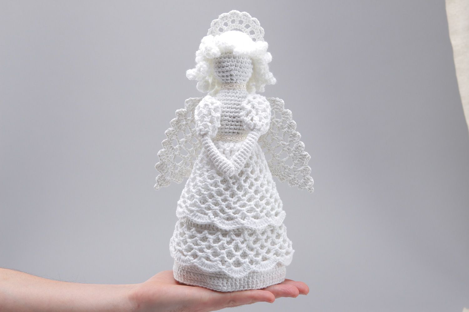 Handmade white interior soft toy angel crocheted of cotton and acrylic threads photo 4