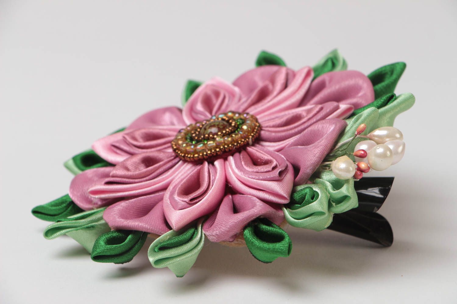 Grande pince à cheveux fleur kanzashi en satin faite main rose originale photo 3