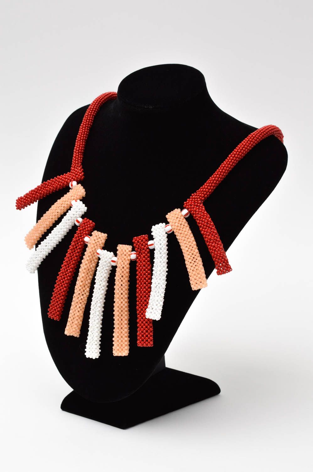 Handmade Rocailles Kette Damen Collier in Rot Beige Weiß Accessoire für Frauen foto 1