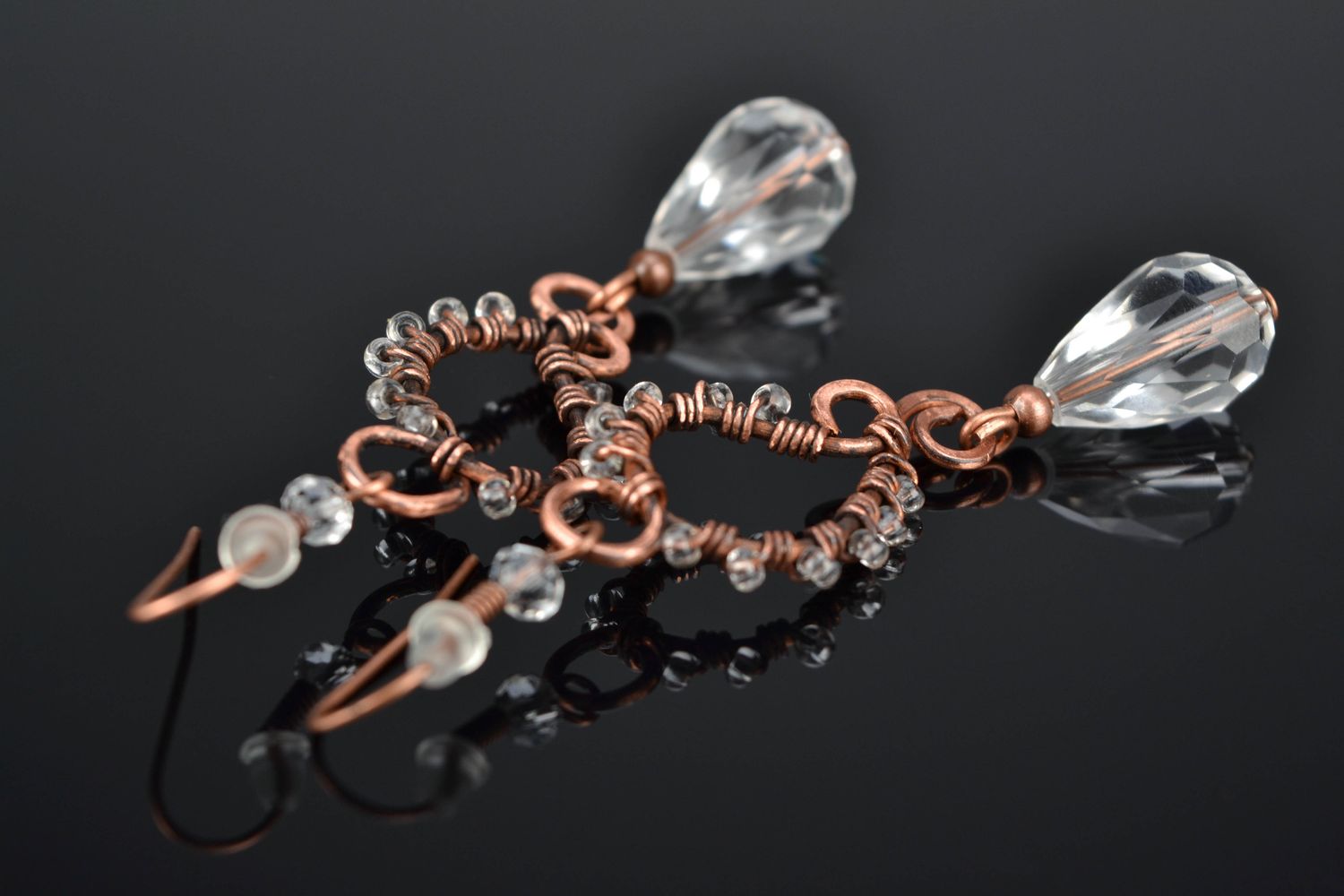 Long copper earrings with crystal made using wire wrap technique photo 1