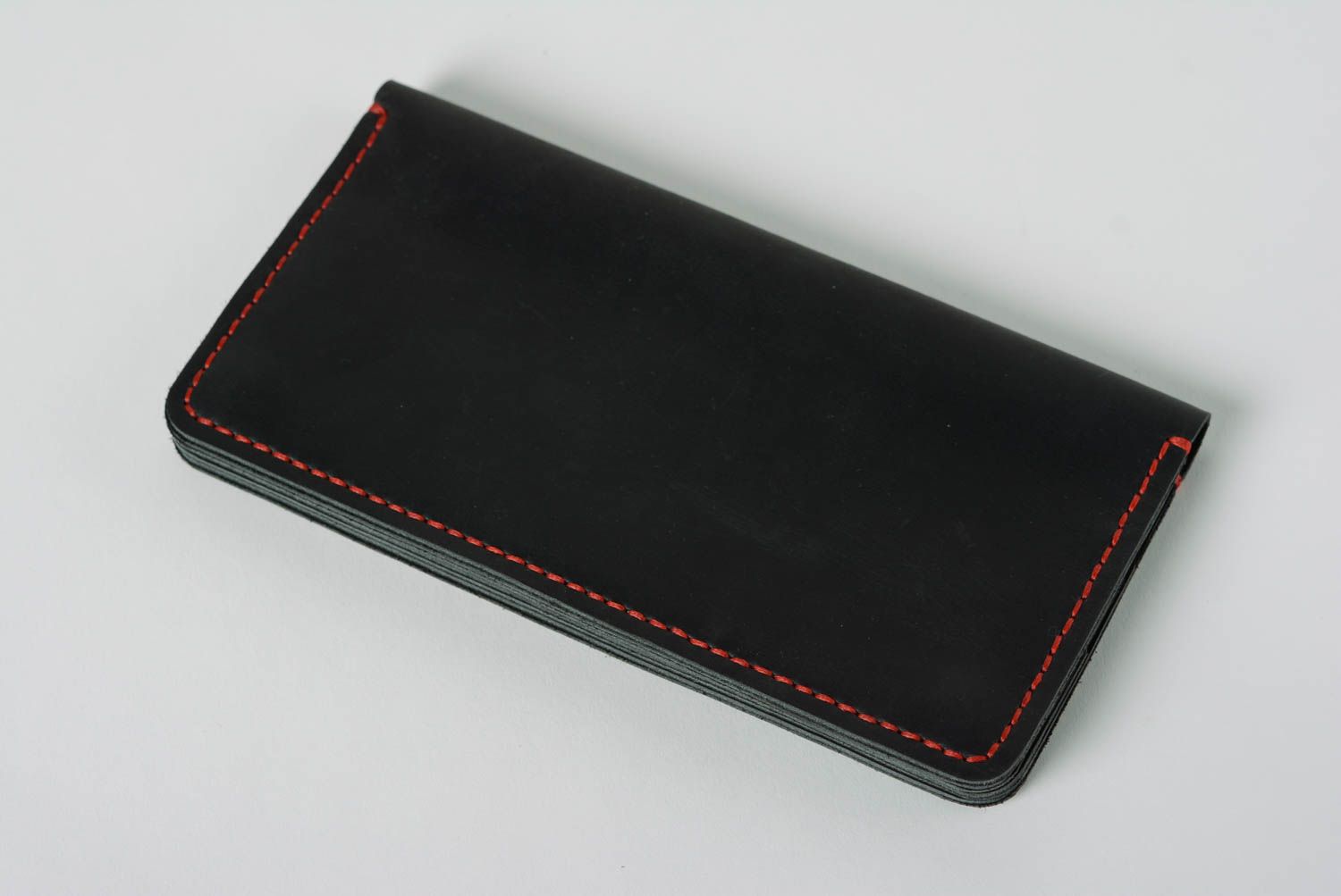 Handmade designer large black genuine leather wallet stitched with red threads photo 2