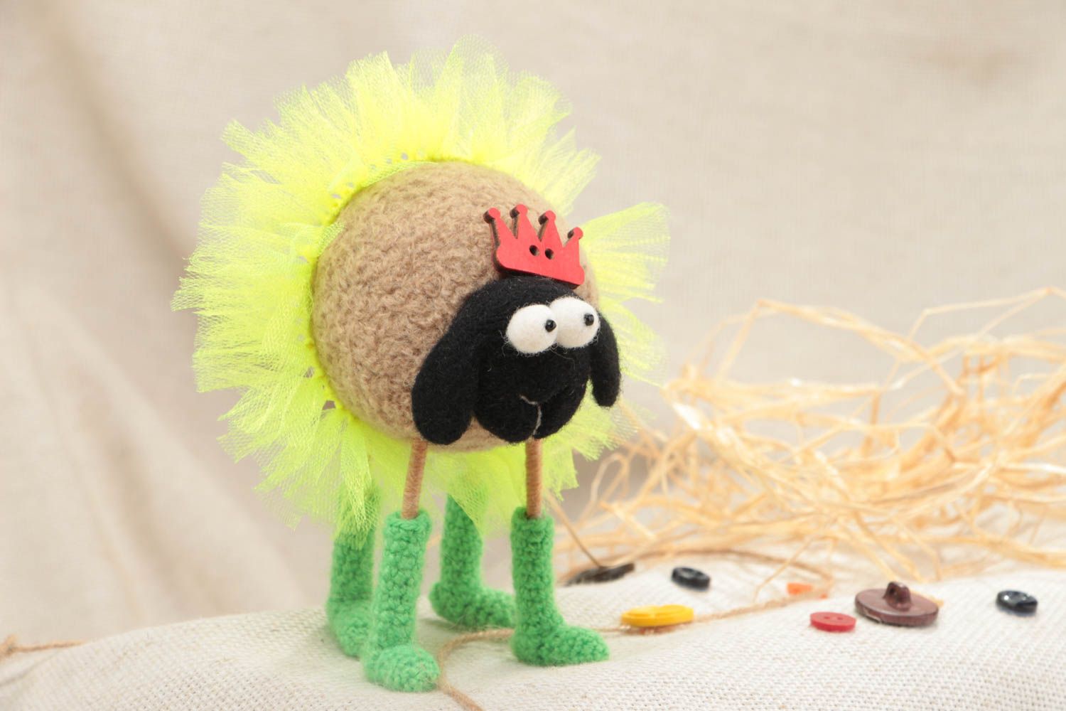 Handmade designer crochet soft toy lamb in yellow tutu skirt and crown photo 1