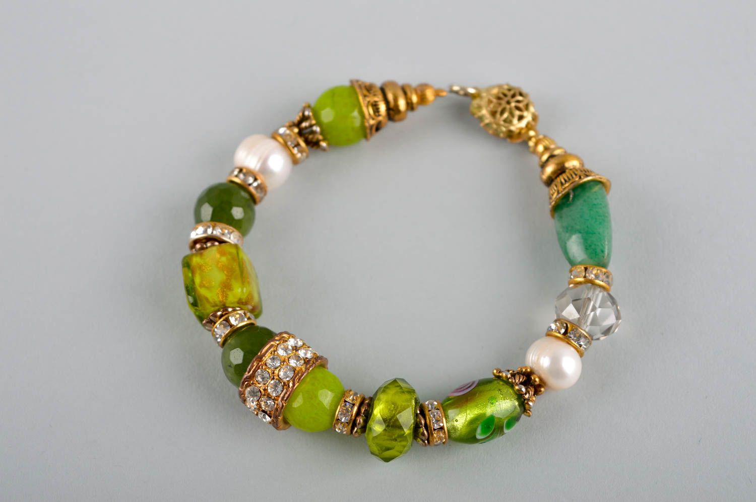 Bracelet vert Bijou fait main agate perles cristaux strass Cadeau femme photo 2