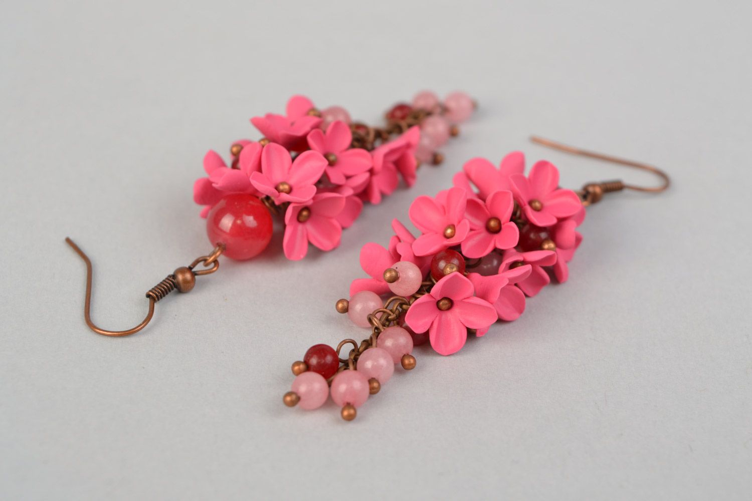 Cute handmade long earrings with polymer clay pink flowers with nephrite stone photo 4