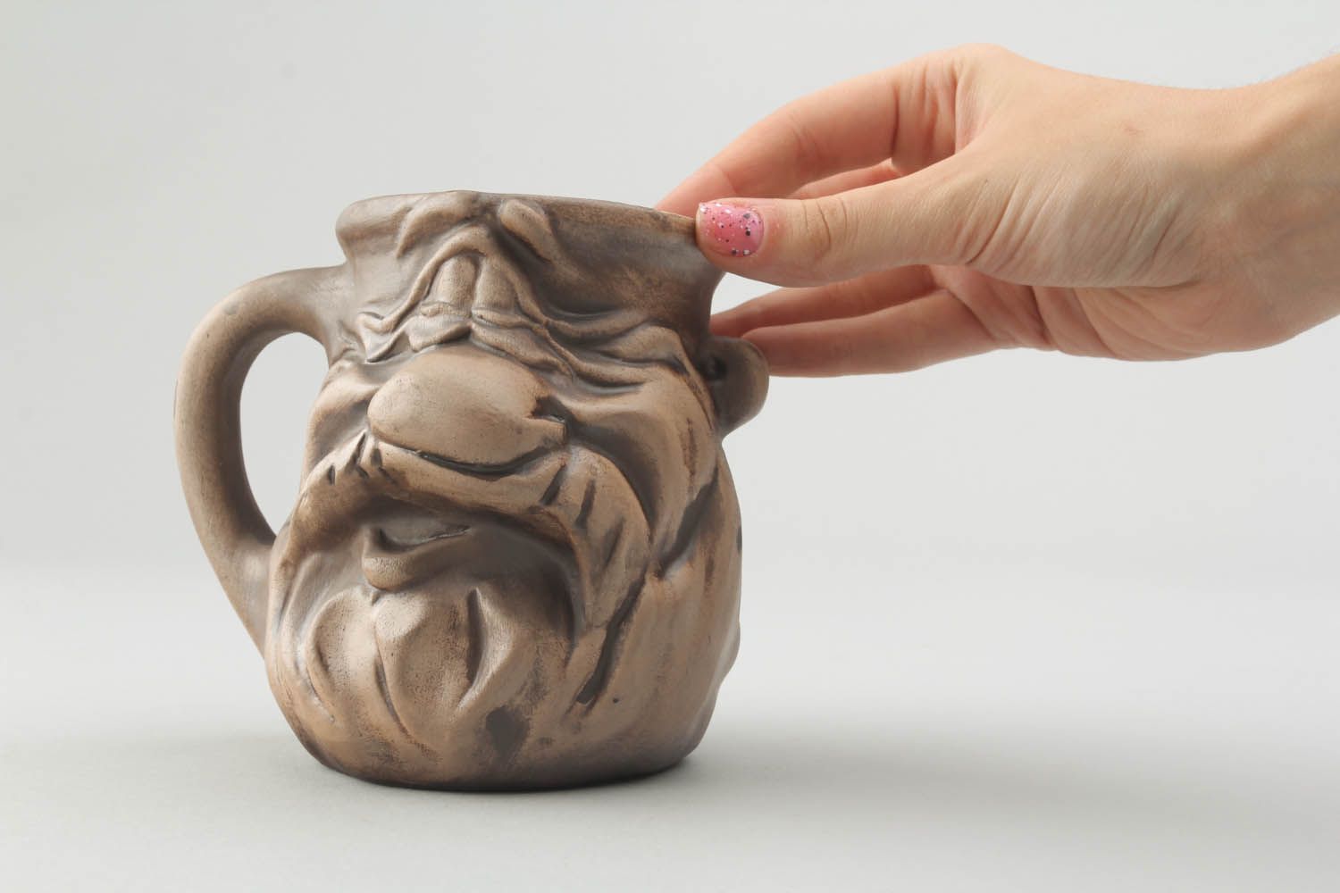 Custom ceramic coffee cup in the shape of old man face with handle in light-brown color 1 lb photo 2