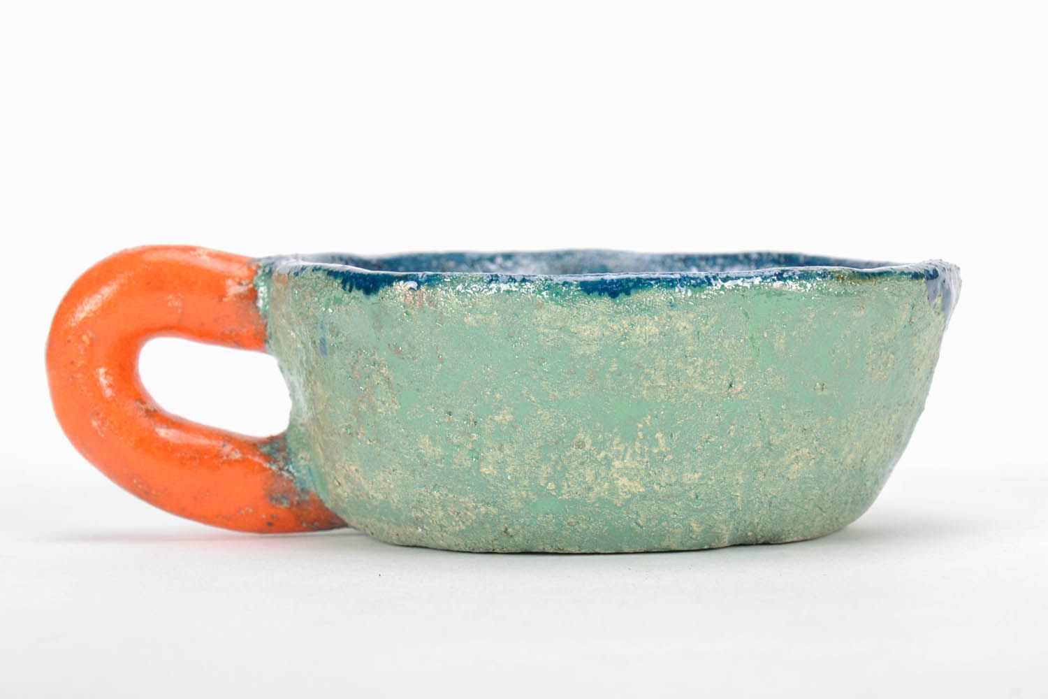 Hand-molded clay glazed green, orange, blue cup with handle photo 2