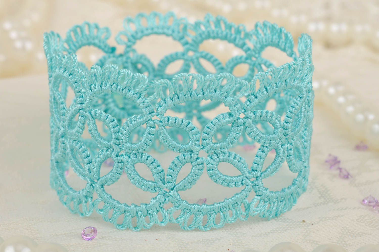 Beautiful homemade designer woven lace wrist bracelet of turquoise color tatting photo 3