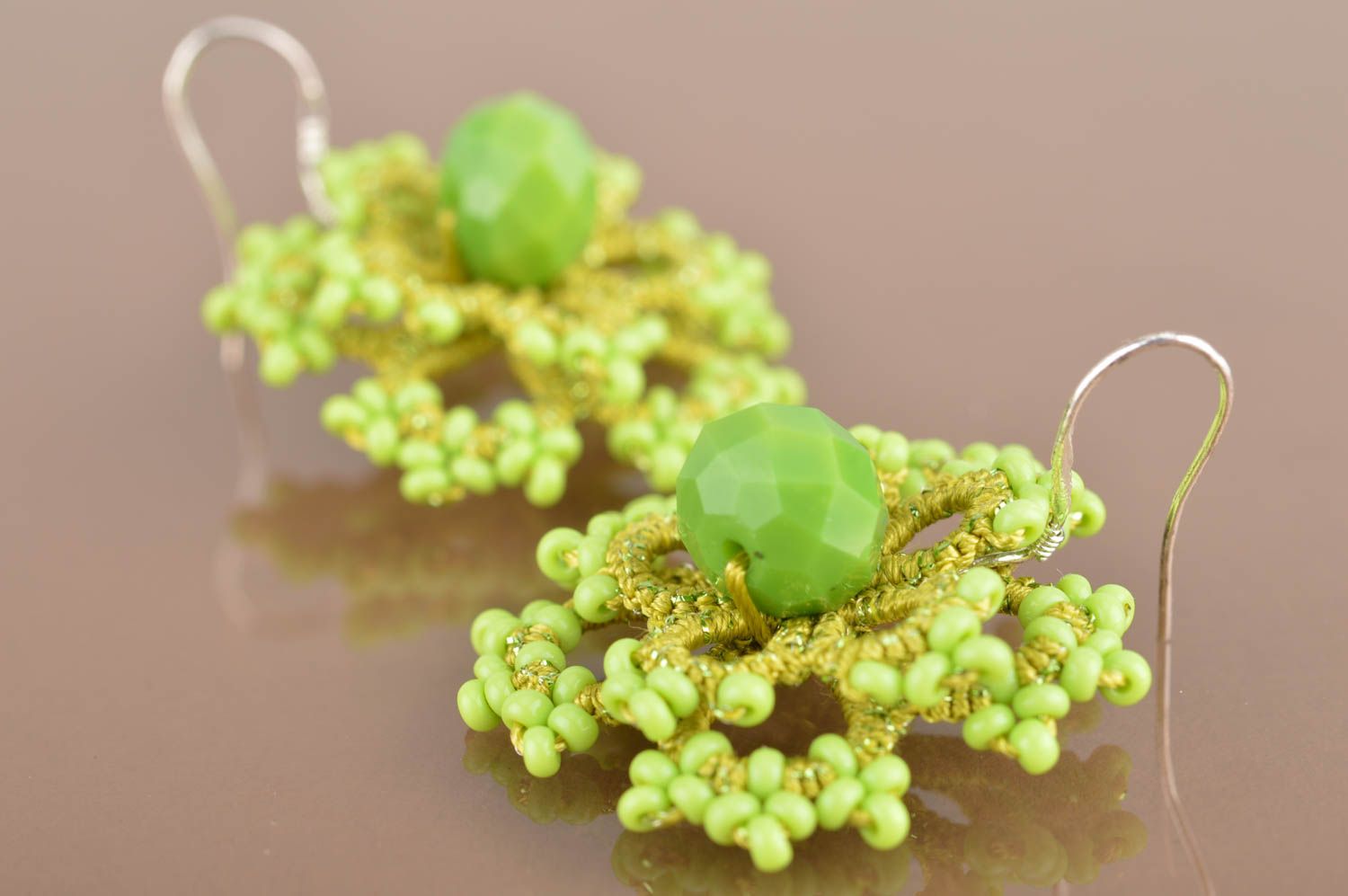 Beautiful green handmade designer tatted lace earrings with beads Flowers photo 5