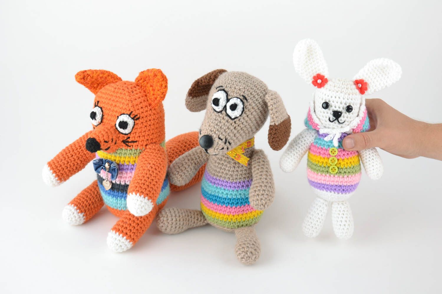 Мягкие вязаные игрушки набор из 3 штук ручной работы авторский лиса пес и заяц фото 5