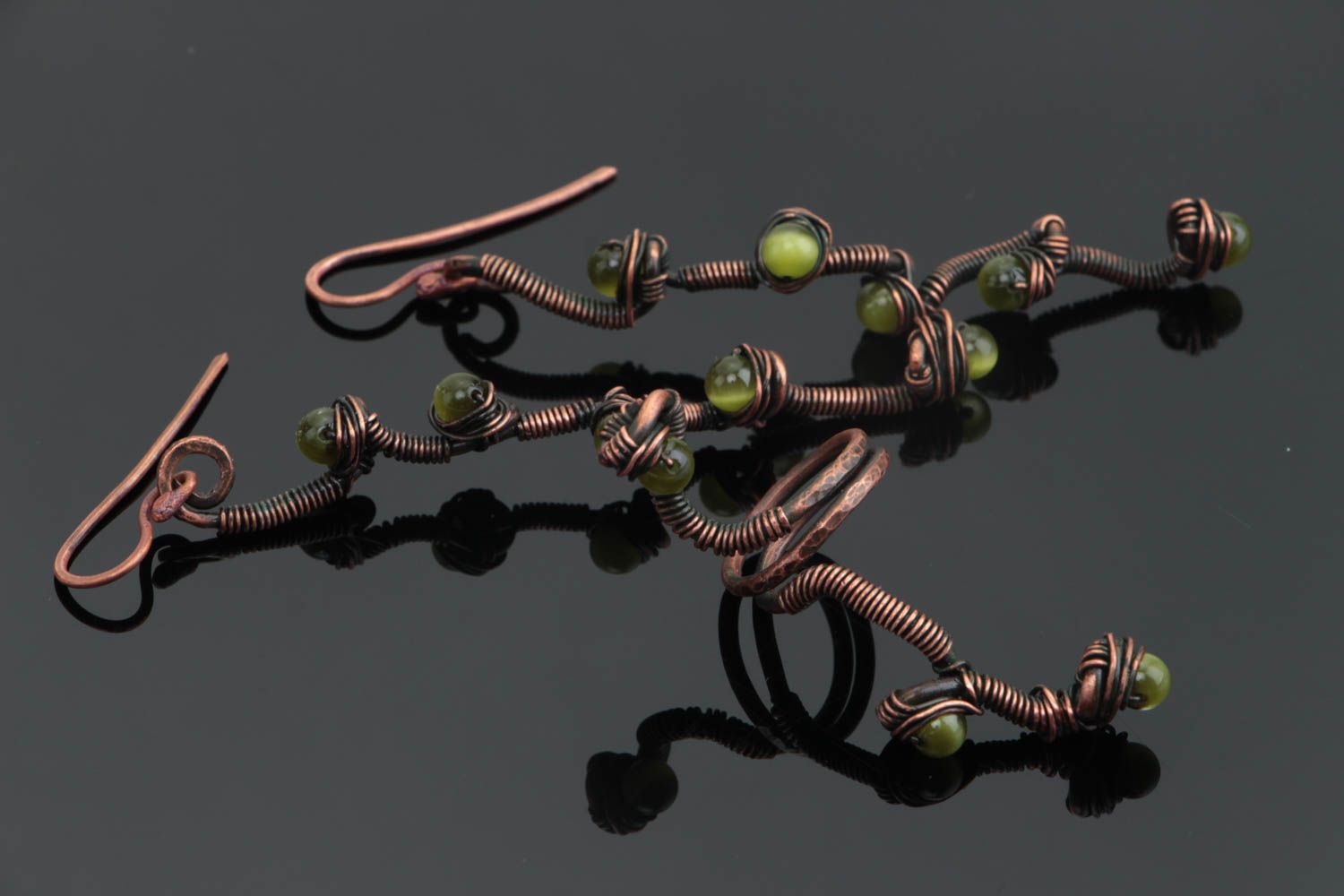 Handmade Schmuck Set Ohrringe und Ring aus Kupfer mit Stein in Wire Wrap 2 Stück foto 1