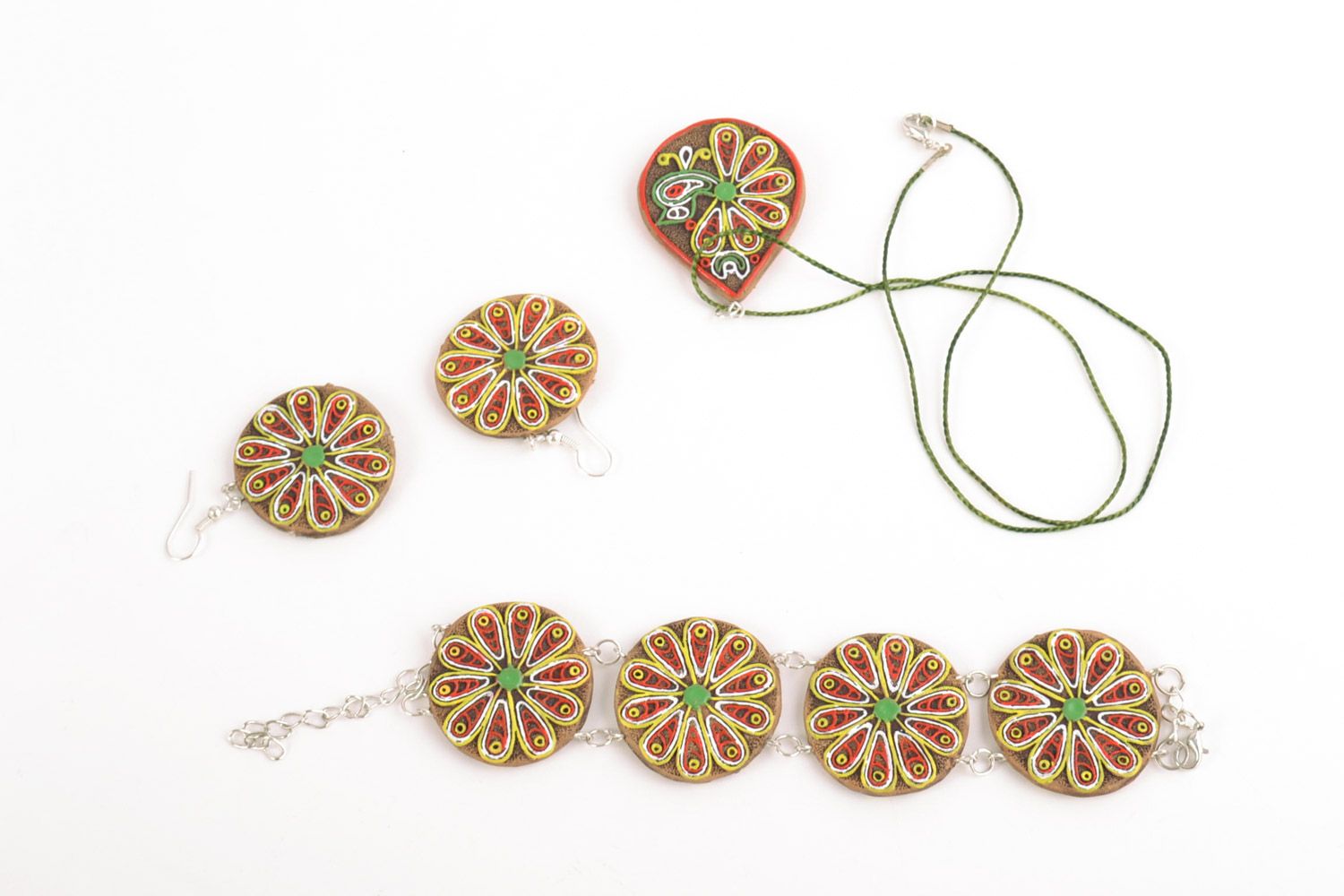 Set of handmade ceramic painted ethnic jewelry 3 items pendant earrings bracelet photo 2