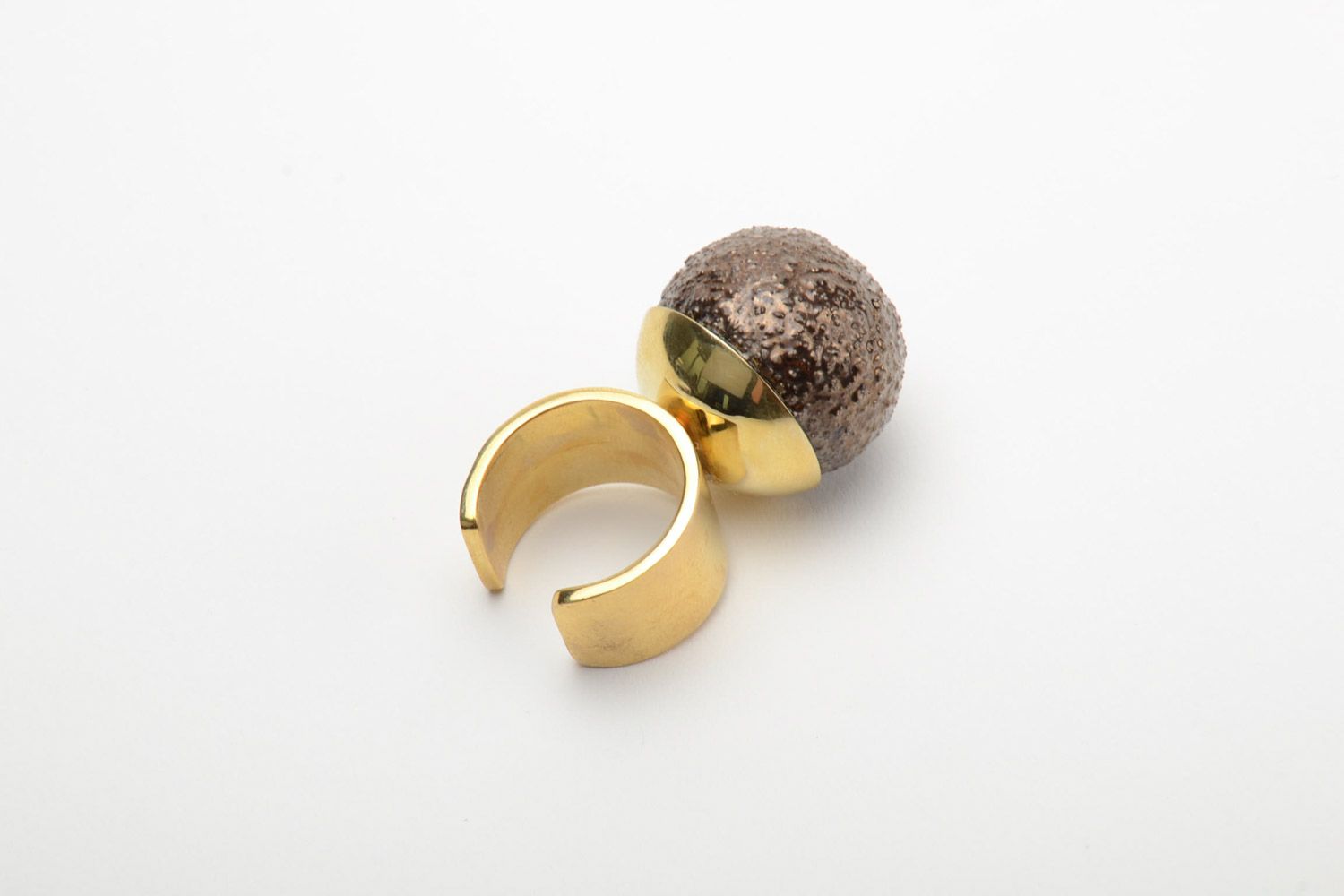 Handmade designer ring with latten basis and large ceramic bead of brown color photo 4