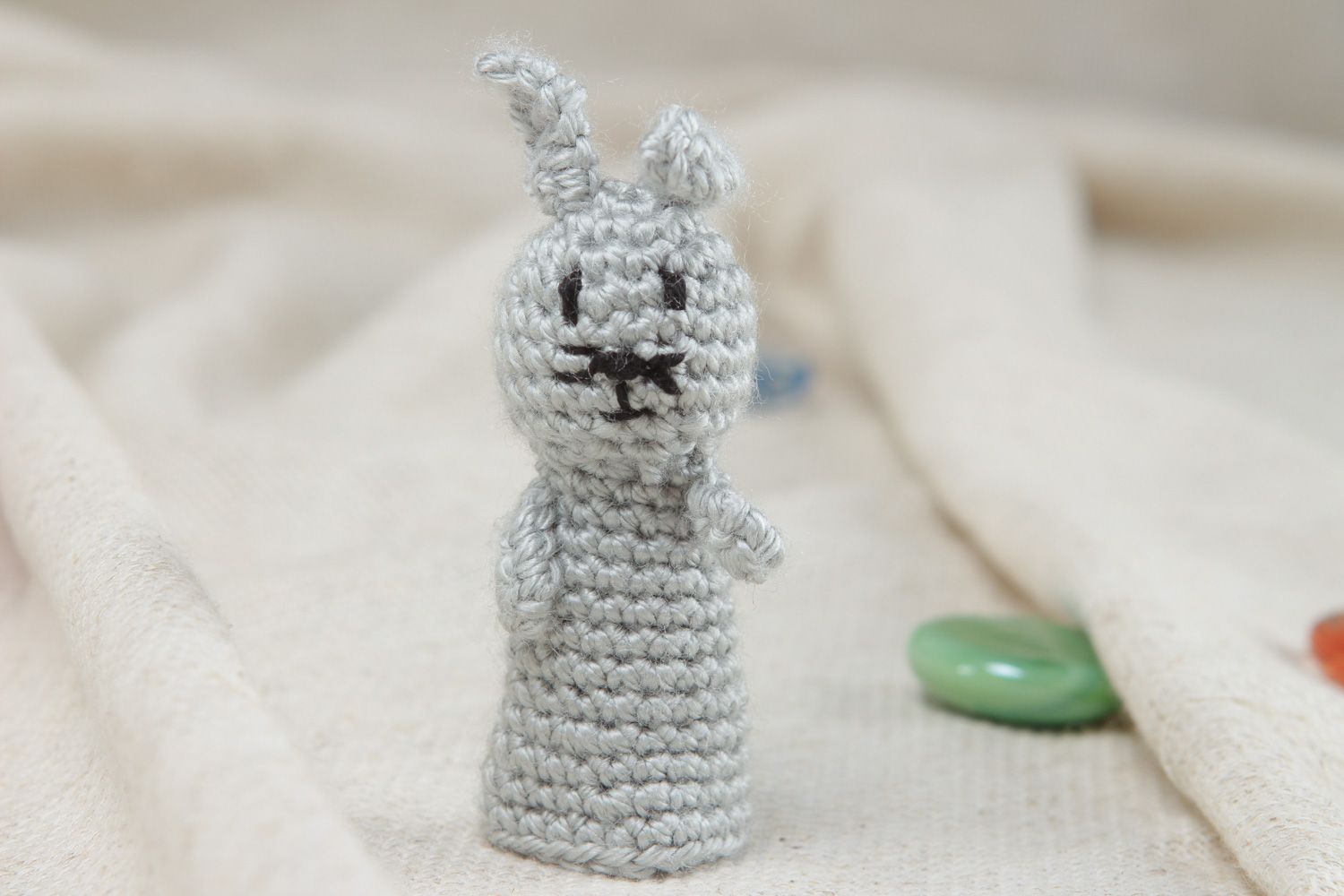 Handmade finger puppet in the shape of gray rabbit crocheted of acrylic threads photo 5